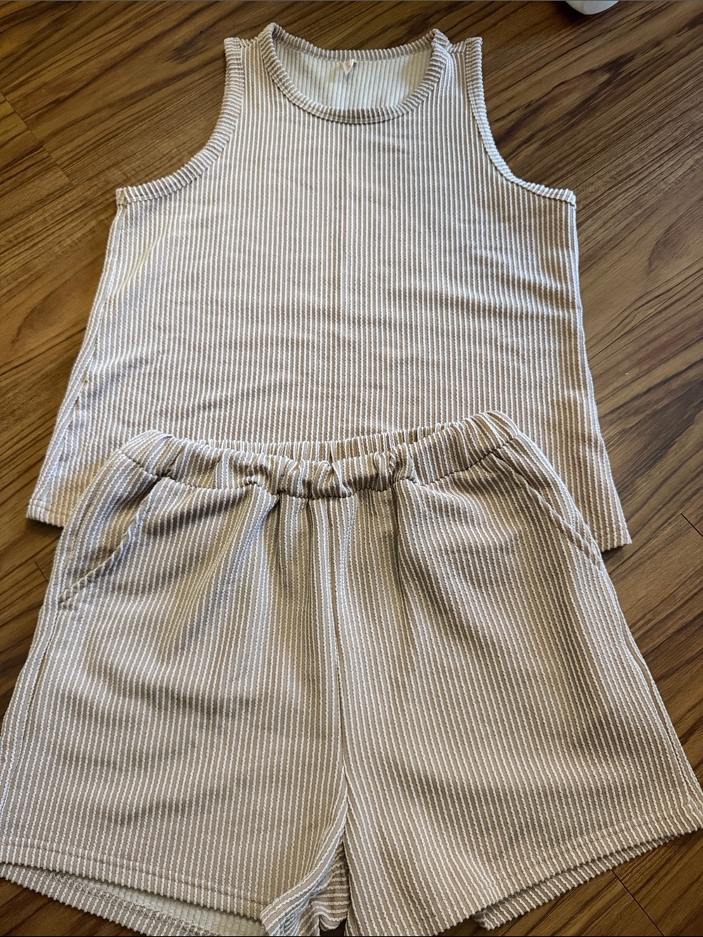 SHEWIN Neutral Ribbed Knit Tank Top set- Light Beige